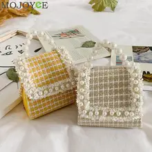 Модные клетчатые сумки через плечо для детей, девочек из хлопка и льна, мини-сумочка, элегантная сумочка с жемчугом