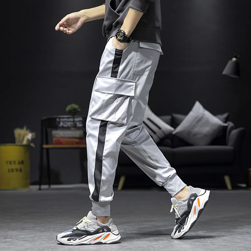 Новая мода оверсайз Streetwear уличная Мужская твердая карманная брюки с свободным досугом стежка эластичность большие сращивающиеся прямые брюки