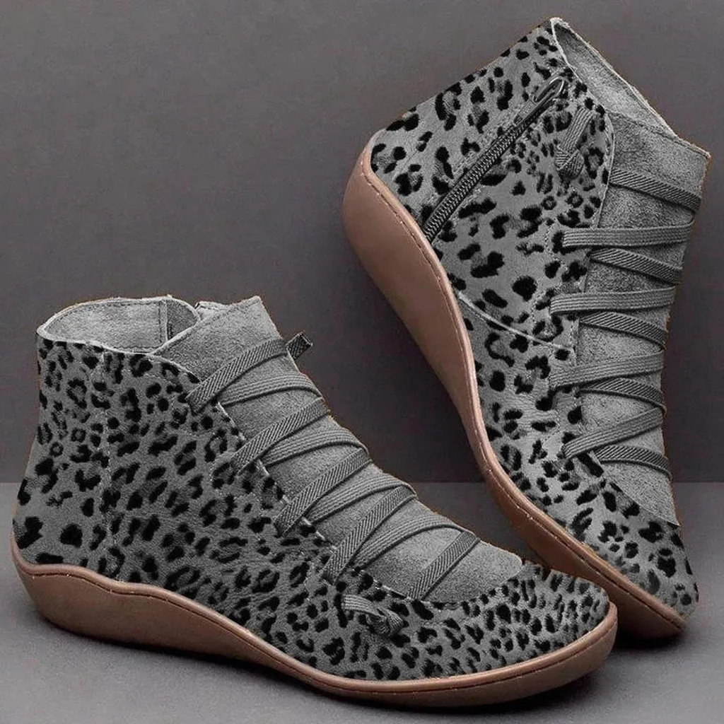

Roma Style Leaopard Front Cross-tied Side Zipper Ankle Boots Wedges Fashion Designer Retro Shoes Leisure Casual Sports Sneakers