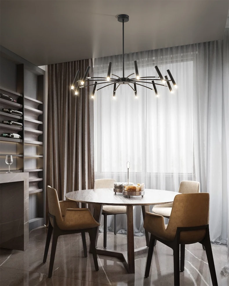 Contemporary dining room with a modern dining table and chairs, featuring an adjustable lighting with a candle style chandelier.