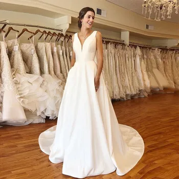 

Eightale Satin Wedding Dress 2020 V-Neck vestidos de noiva A-Line Custom Made Simple Bridal Dress Princess Wedding Gowns