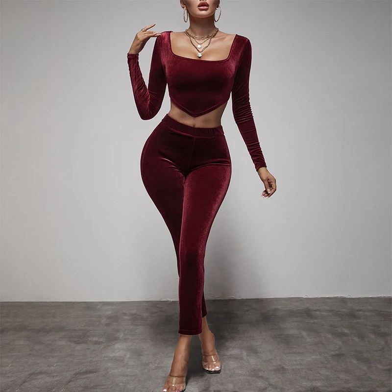 Velour Women Sexy Two Piece Set Big Round Neck Irregular Crop Top High Waist Skinny Pants Tracksuit Fashion 2021 Fall Ropa Mujer