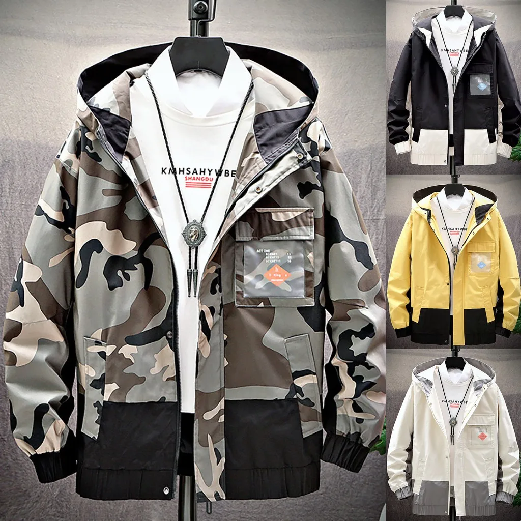 

Men's Camouflage Coat Autumn Spring Casual Fashion Solid Pathwork Jacket Male Hoodies Outwear Coat With Hat L0822