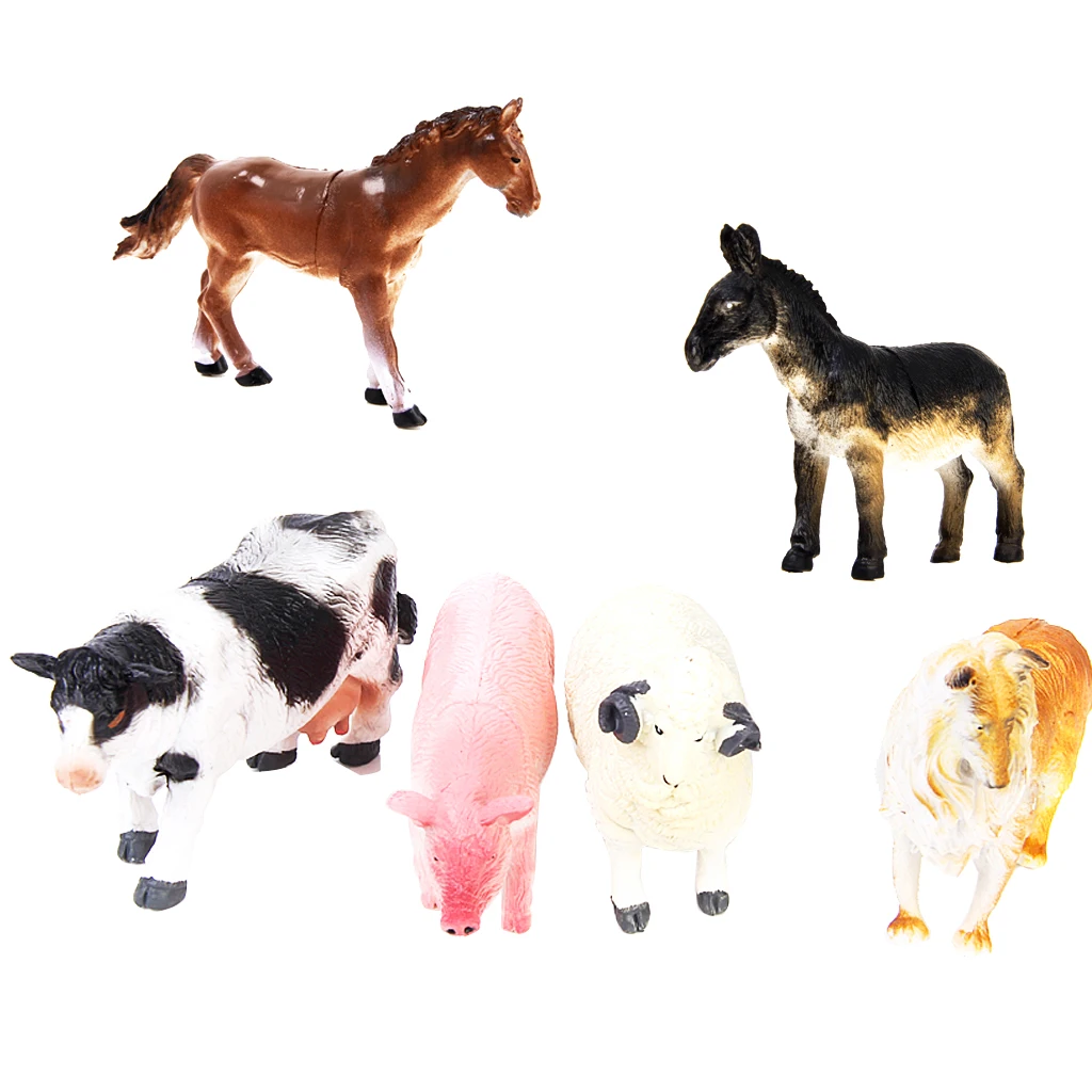 Kids Toys 6 pcs Farm Animal Model Set, Pig Dog Cow Sheep Horse Donkey