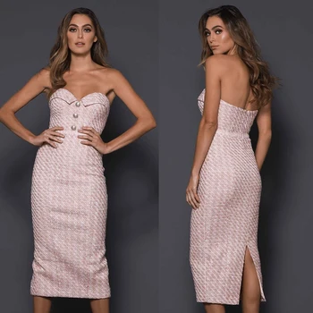

Pink Sleeveless Sexy Strapless Button Design Button Knitted And calf Dress Women WinterElegant Dress Casual Party Vestidos 2019