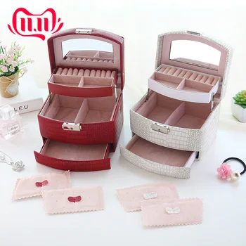 

Classical Leather Jewelry Box Three-layer Storage Box For Women Earring Ring Cosmetic Organizer For Decorations Makeup Gift Case