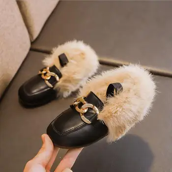 

Autumn Winter Kids Warm Fur Shoes Boys Loafers Girls Flat Moccasins Shoes Size 21-30 Soft PU Leather Children Shoes