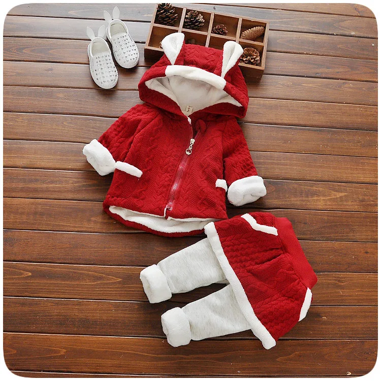 Зимний бархатный костюм для новорожденных плотное пальто с капюшоном+ штаны комплект из 2 предметов для маленьких девочек брендовые хлопковые фланелевые теплые комплекты для отдыха для малышей - Цвет: Red