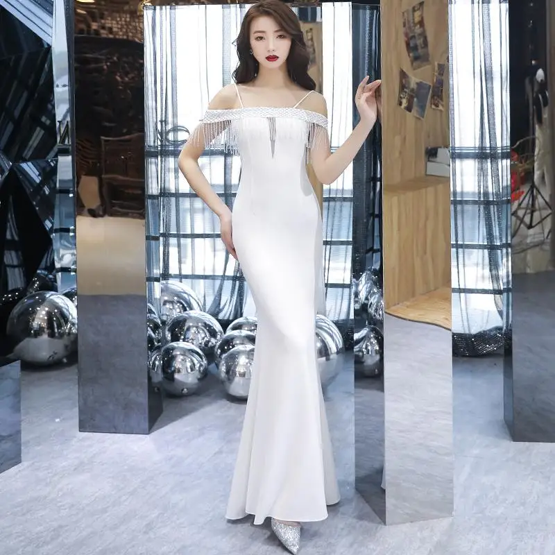 Женское вечернее платье Cheongsam с открытыми плечами на бретельках, китайское платье, Элегантное летнее сексуальное платье, Qipao Beads Vestidos - Цвет: Белый