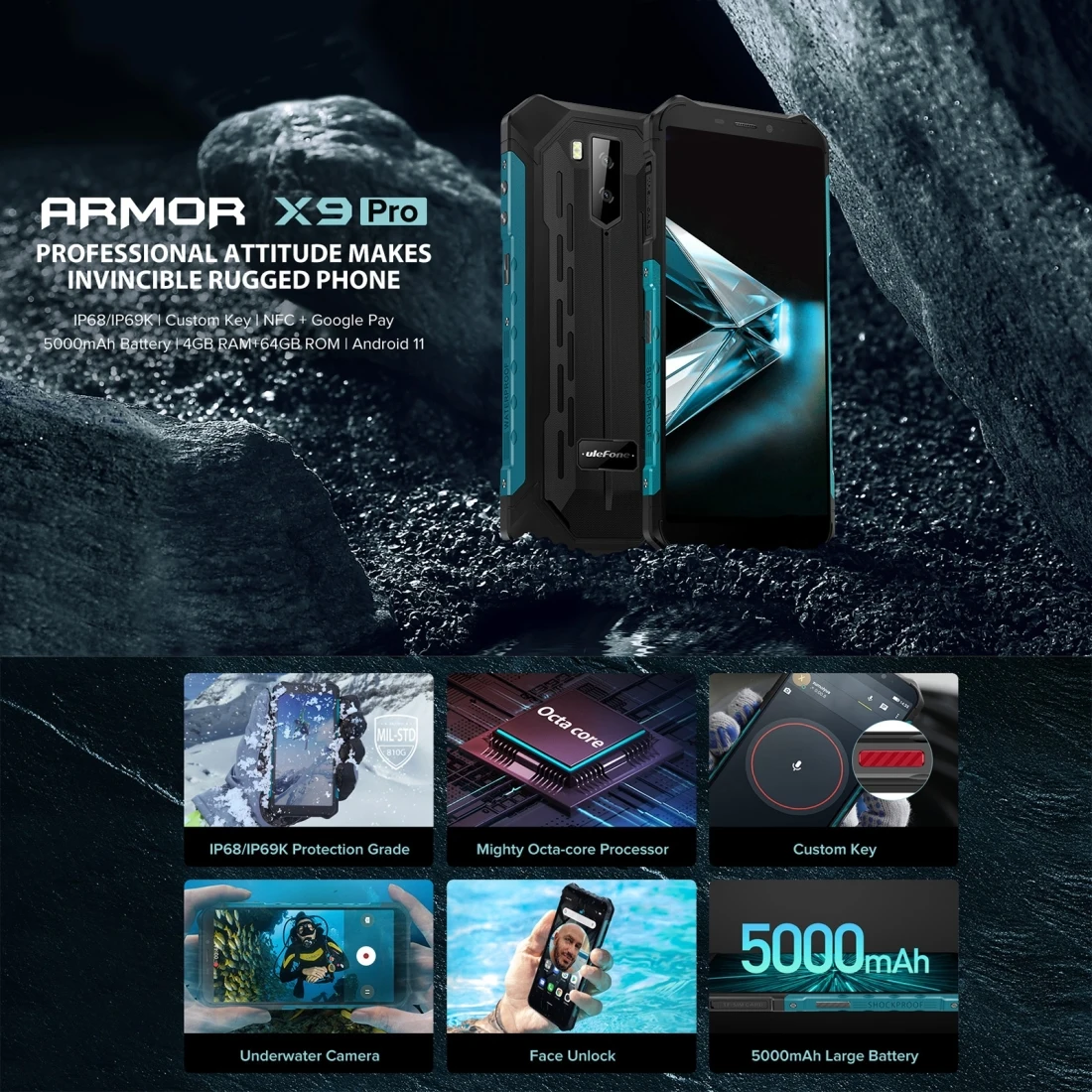 Ulefone Armor X9 Pro Rugged Phone 4GB 64GB Face Unlock 5.5" Android 11 Helio A25 Octa Core 5000mAh Global 4G OTG NFC Smartphone good cell phone for gaming