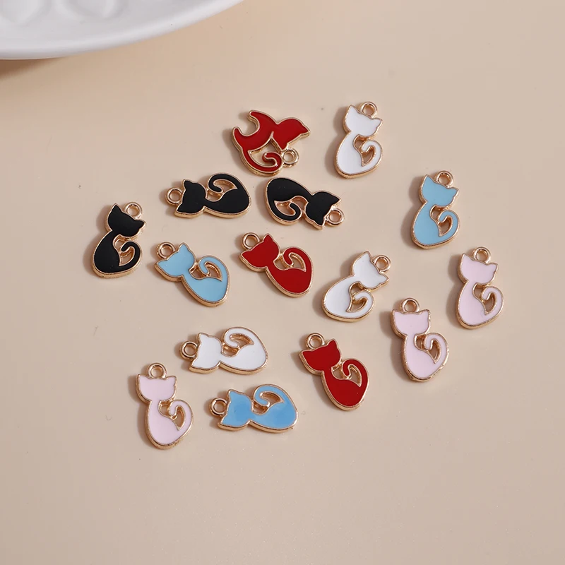 10pcs/lot 6*14mm Cartoon Cat Charms DIY for Necklaces Pendants Earrings Making Cute 5 Color Enamel Girl Charms Jewelry Findings
