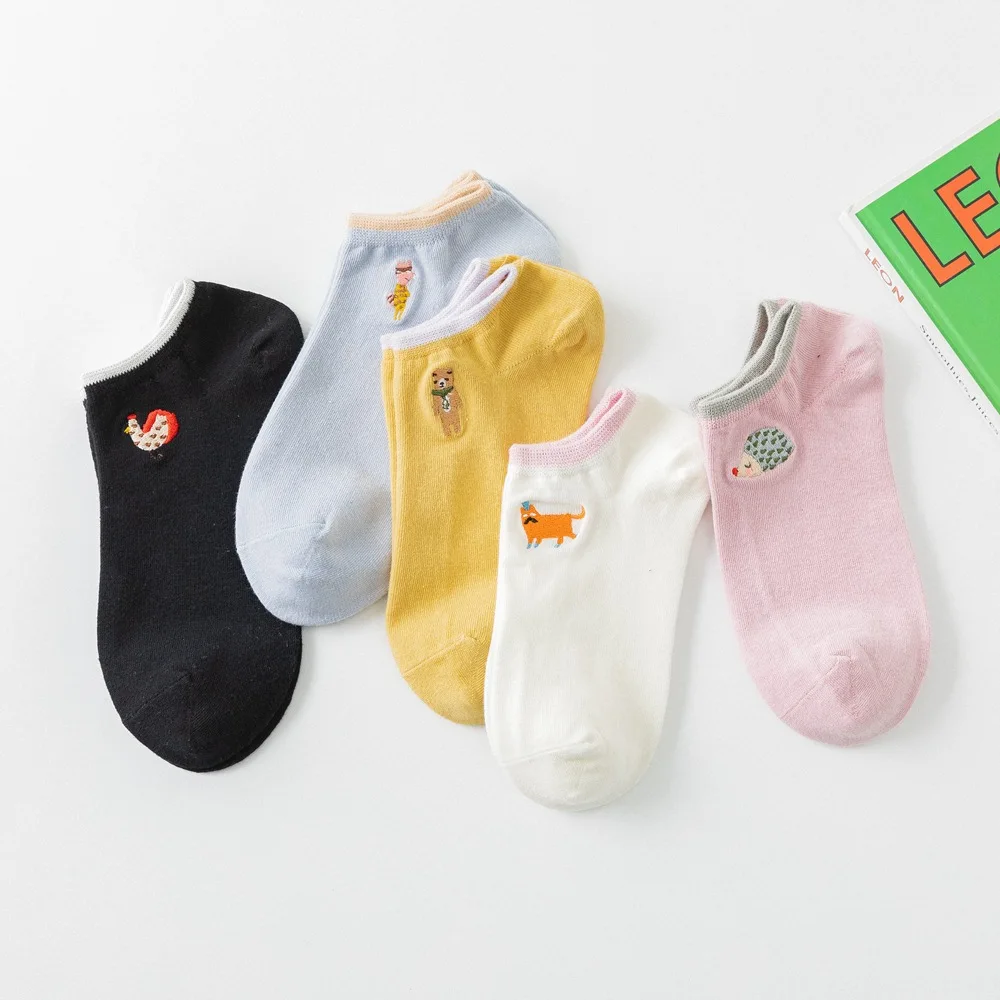 

Boat Socks New Women Socks Summer Short Cartoon Cute Embroidery Chickens Bear Hedgehog Funny Socks 2020