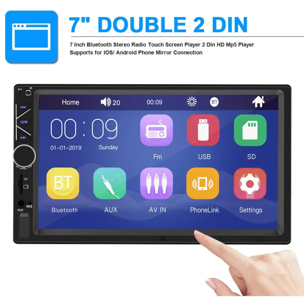

7 Inch Bluetooth Stereo Radio Touch Screen Player 2 Din HD Mp5 Player Supports for IOS/ Android Phone Mirror Connection