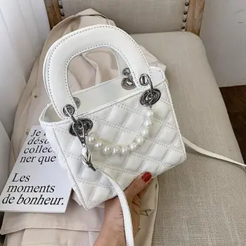 

Elegant Female Pearl Small Tote bag 2020 Summer New Quality PU Leather Women's Designer Handbag Lattice Shoulder Messenger bags