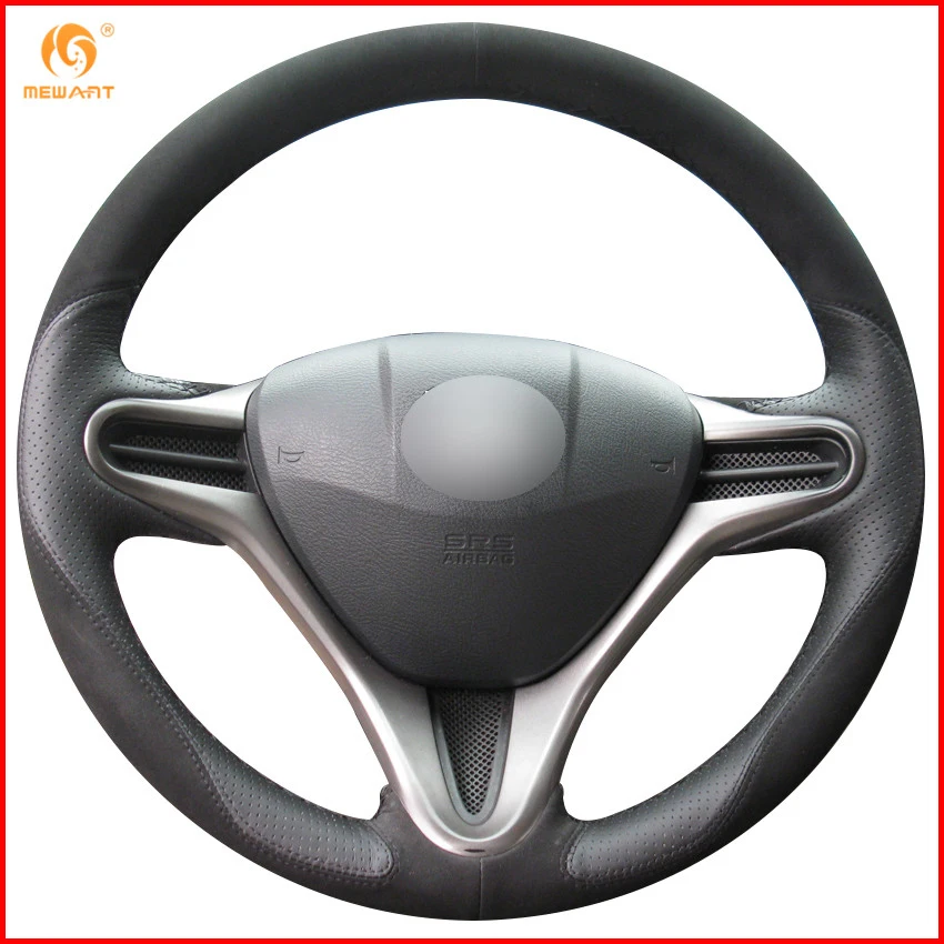 Mewant Black Leather Black Suede Car Steering Wheel Cover For Honda Fit