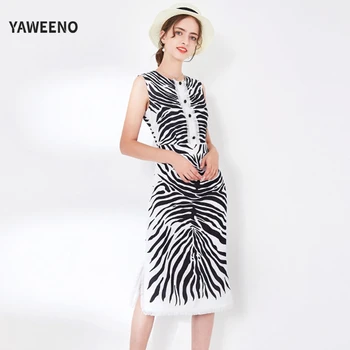 

Spring And Summer 2020 New Fashion Runway Temperament Zebra Printed Collect Waist Slim Sleeveless Split Fork Female Dress