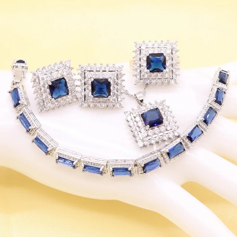Серебряный цвет синий циркон костюм кристалл белый цирконий Свадебные Ювелирные