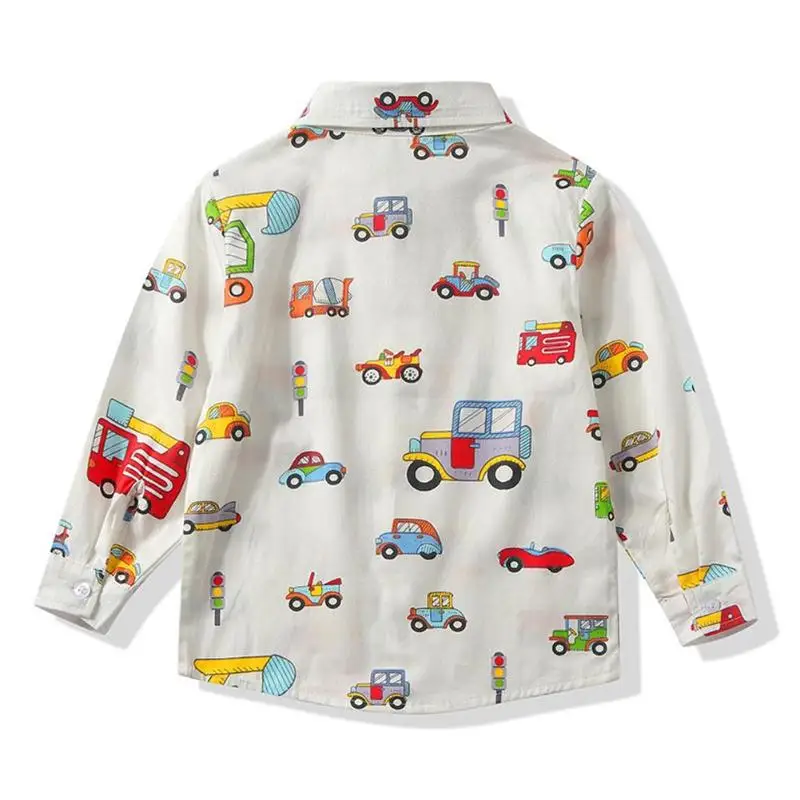 Baby Boy Kids British Autumn Long-Sleeves Cartoon Car Full Print Flip Collar Personality Comfortable Print Cotton Casual Shirt