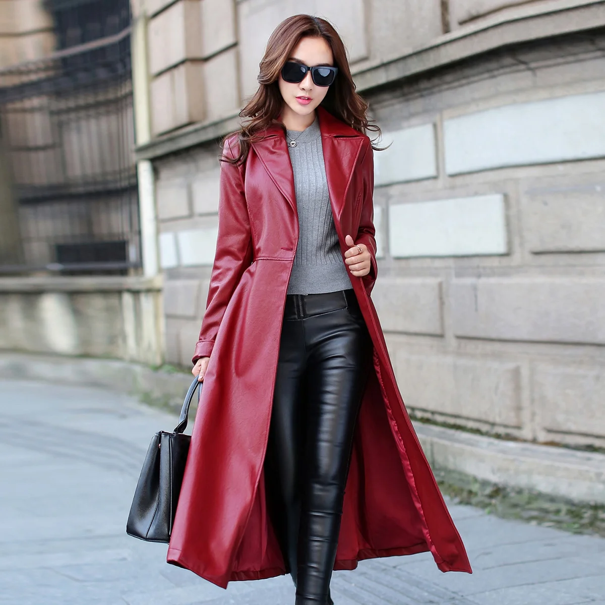 

2019 autumn and winter new Korean version of the long section of leather Slim thin temperament over the knee coat coat female