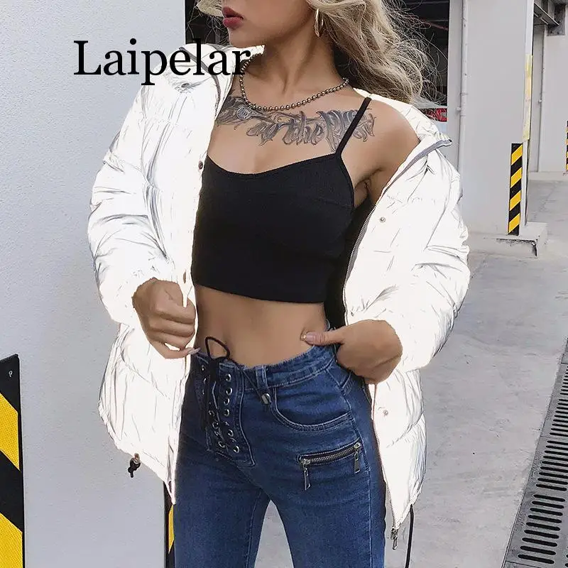 

Winter Fashion Reflective Warm Long Coat Womens Top Jacket2019 Club Party Shining Loose Outerwear Mujer Spring Parka Coat