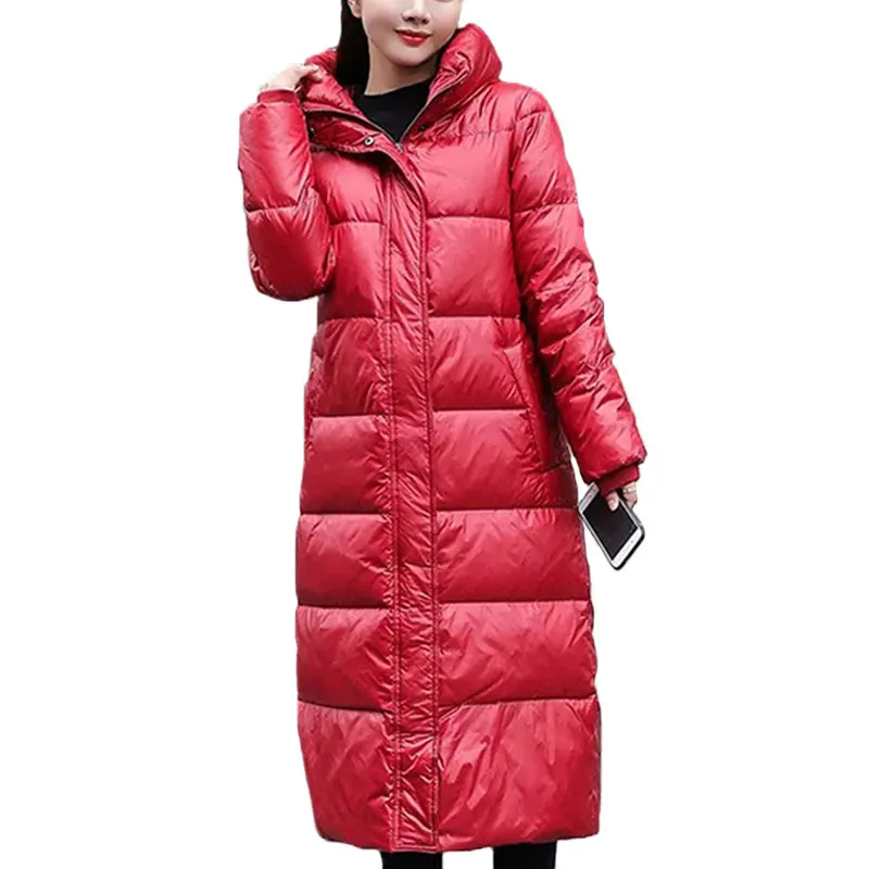 

Women Down Jacket Long Over Knee Glossy Overcoat New Winter Korean Slim Thick Super Long Warm White Duck Down Coat High Collar