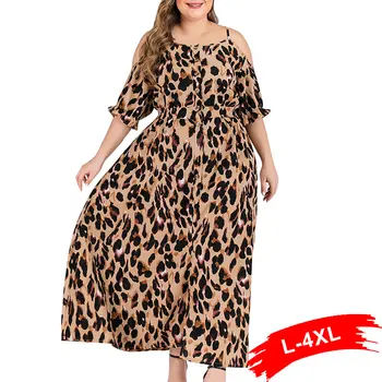 

Plus Size Leopard Print Strap Front Split Sexy Dress Spring Summer Cold Shoulder Half Sleeve Button Up Long Beach Dresses
