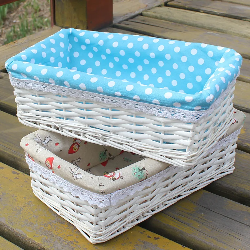 Wicker fabric storage basket Handmade desktop cosmetics Sundries Organizer Rattan Plant Box home or