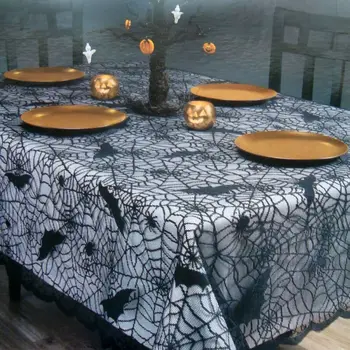 

1Pair Halloween Tablecloth Banner Cobweb Table Slipcover Round Lace Knitted Spider Web Tablecloth Home Kitchen Party Supply
