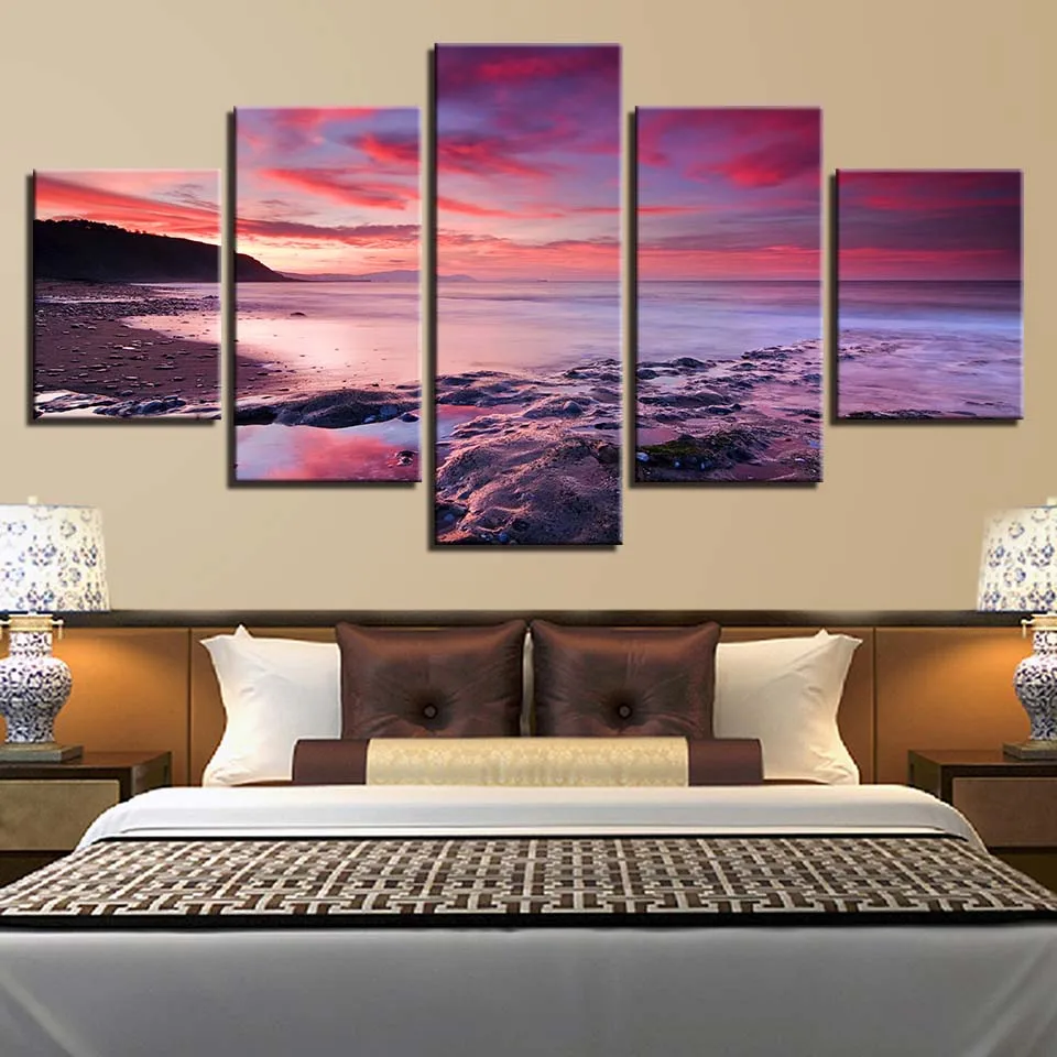 

The Sea under Purple Sunset Poster 5pcs Modern Home Wall Decor Canvas Picture Art HD Print Painting On Canvas for Living Room