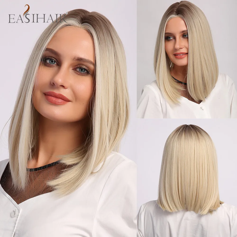 

EASIHAIR Ombre Brown Blonde BoBo Synthetic Wigs Hairline Lace Part Wigs for White Women Afro Middle Part High Temperature Fiber