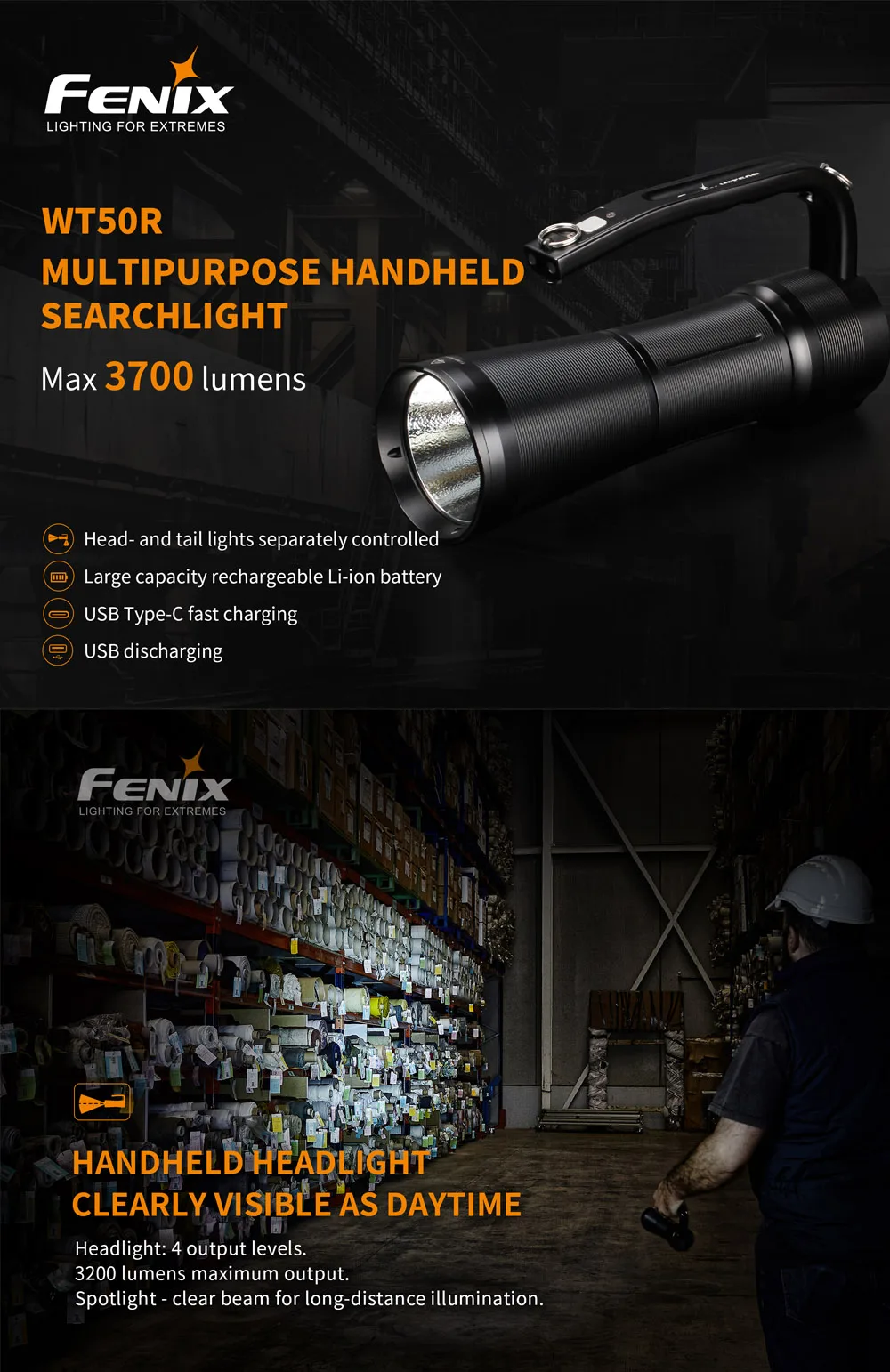 Usb type-C Быстрая зарядка и USB разрядка Fenix WT50R Многофункциональный портативный фонарик с 7,2 V/5200 mAh аккумулятор