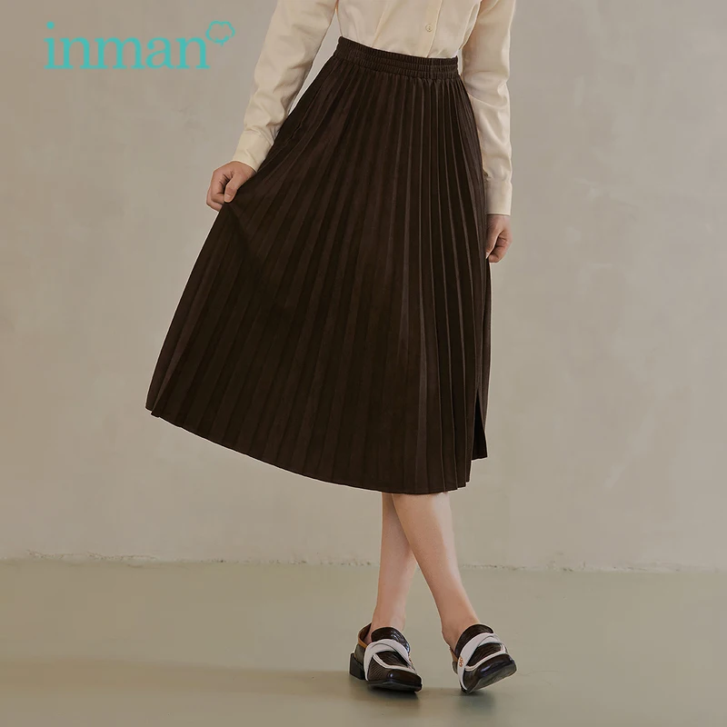 

INMAN Autumn Pleated Skirt Women Retro LiteraryStyle Elastic Waist Design Minimalist Dark Brown A-Line Female's Bottoms