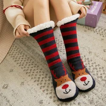 

Winter New Plus Velvet Thick Socks Merry Christmas Floor Socks For Women Girls Ladies Print stripe Xmas Cute Short socks indoor