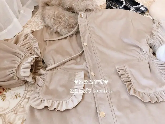 Winter sweet lolita coat quilted thicken fur collar gothic lolita overcoat puff sleeve pockets kawaii girl cotton-padded clothes