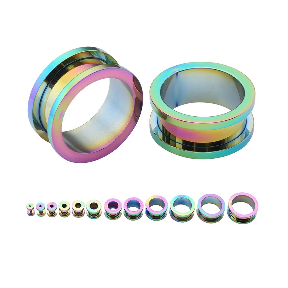 Colorful Комплект из 2 предметов Сталь красочные ушной раковины уха Вилки туннельная Плоть Серьги измерительные приборы полые туннели пирсинга винт Плаги для ушей калибр, Ювелирное Украшение для тела - Окраска металла: Colorful