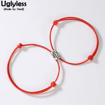 

Uglyless 1 Pair Lovers Genuine Leather Rope Bracelets Infinity Mountain Wave LOVE Gifts for Men Women 925 Silver Square Jewelry