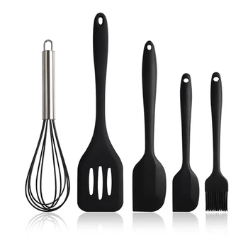

5 PCS Silicone Cooking Utensils Set Non-Stick Spatula Shovel Wooden Handle Cooking Tools Set Kitchen Tools Black