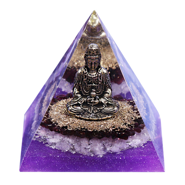 Buddha Statue Energy Generator Orgone Pyramid Amethyst Peridot Healing Crystal Reiki Chakra Orgonite Pyramid Meditation Tool