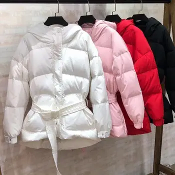 

Korean Winter Outwear White Jacket Sashes Women Overcoat Thickening Slim Female Down Hooded Coat