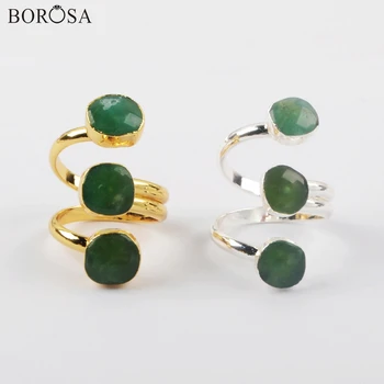 

BOROSA 5Pcs Wholesale Gold Plating Australian Jades Ring Three Natural Stone Chrysoprases Adjustable Rings Women Jewelry G1921