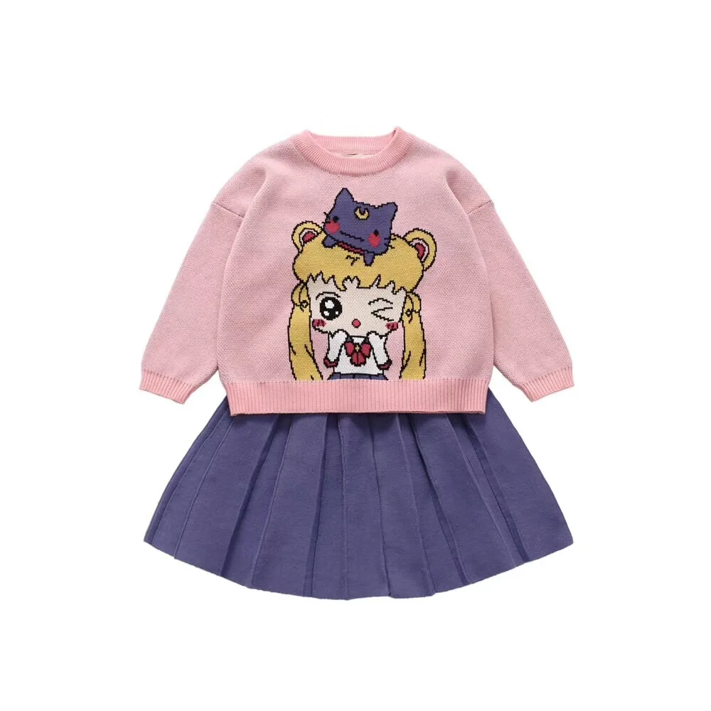 

2019 New Girls clothes set cartoon pink pullover sweaters purple skirt knit sweater & skirt clothing set
