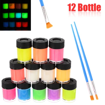 

New Neon Luminous Acrylic Paint 12 Bottle Fluorescent Paint Glow in the Dark Pigment Set & 2 Brush For Paper Plaster Walls