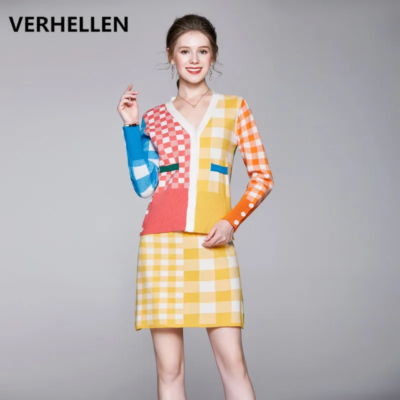 VERHELLEN/комплект из 2 предметов г., Осенний женский свитер с длинными рукавами, разноцветный клетчатый свитер топы и трикотажные юбки, комплекты женский свитер, костюм