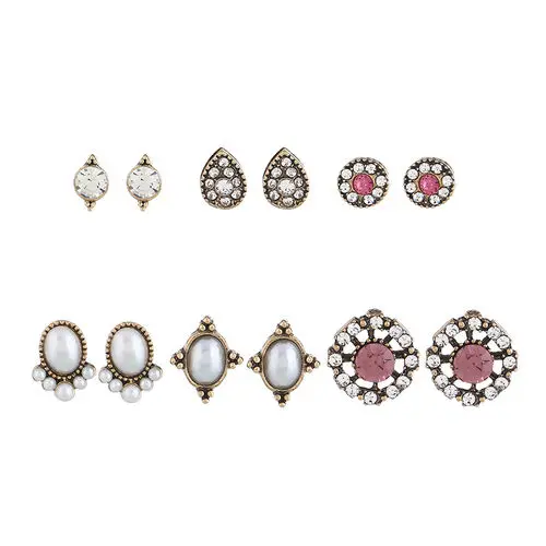 

Doreen BoxAcrylic Ear Post Stud Earrings Set Antique Bronze White Clear Rhinestone Imitation Pearl Trendy Jewelry For Women 1Set