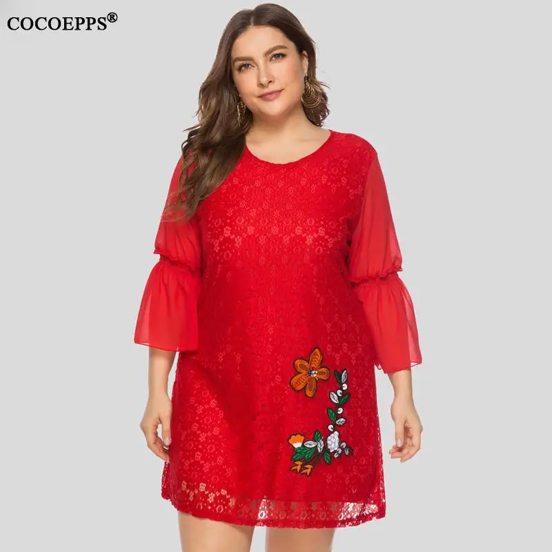 L-5XL, весна, новое женское кружевное платье, 4XL, большой размер, женские Мини кружевные платья с расклешенными рукавами, элегантные красные вечерние платья, плюс размер