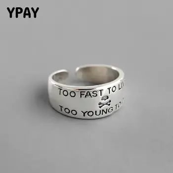 

YPAY 100% Genuine 925 Sterling Silver Open Rings for Women Korea INS TOO FAST TO LIVE Skull English Letter Ring Jewelry YMR1033