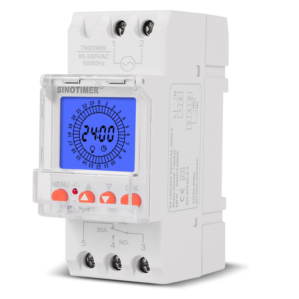 24hrs Digital Analogue Din Module Time Switch Backlight Large LCD Display Industrial Timers Controller 16A 30A Relay 85-265VAC