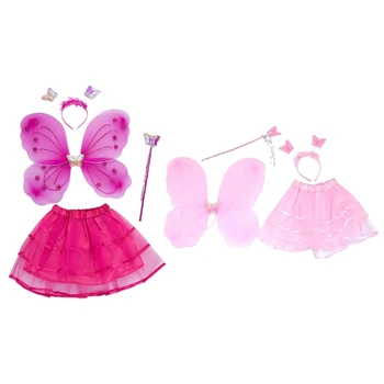

Girl's 8 Pcs Set Fairy Princess Glitter Butterfly Party Costume Wings Wand Headband Tutu Skirt (3-10Y) Rose Red & Pink
