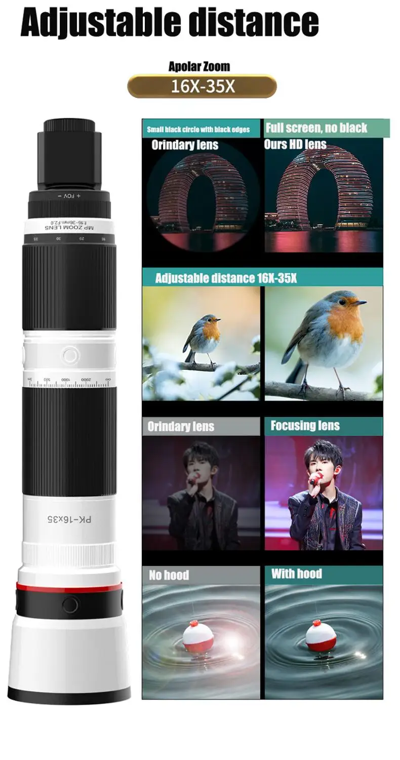 4K HD 16-35X Telescope Camera Zoom Lens for Smartphone Lente Celular 3-Section Adjustable Cell Phone Telephoto Lenses