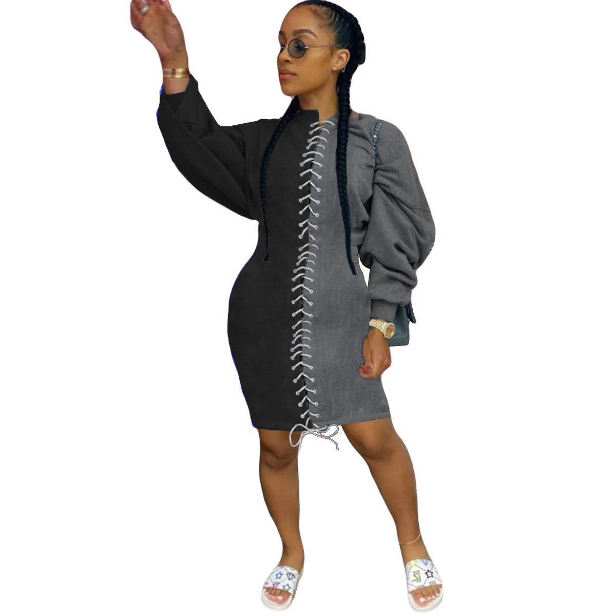 Winter Sexy Women  Corny Corded Patchwork  Batwing Sleeve Thickened Dress  Streetwear Plus Size  Vestidos